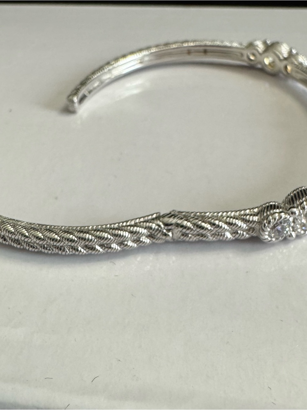Judith Ripka 925 Silver Textured Bangle w/ Stations 3  Round Diamonique Crystals - Picture 6 of 9